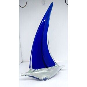 Badash Art Glass Sailboat Sculpture Blue Clear 13” Nautical Decor